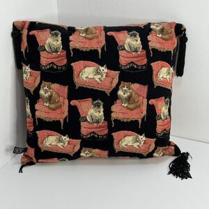 Borgata Cat Kitten Tapestry Throw Pillow Regal Tassel Two Sided